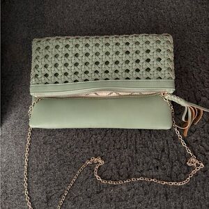 Stylish Green Woven Clutch with Chain Strap